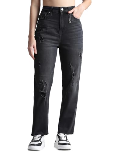Image of ONLY Women Mom Fit High-Rise Low Distress Light Fade Pure Cotton Jeans