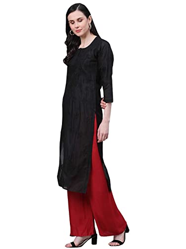 Image of Ada Hand Embroidered Lucknowi Chikankari Straight Cotton Kurta Kurti for Women A215306 Black (M)