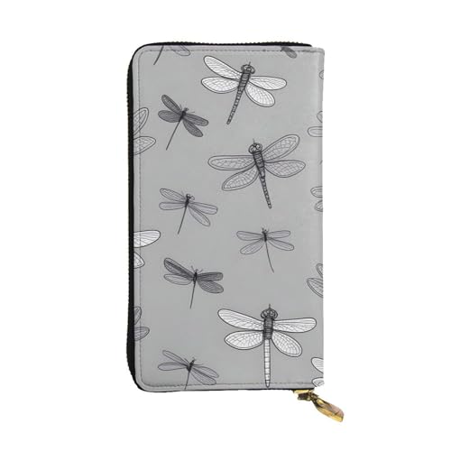 Dragonflies Grey Prints Leather Long Clutch Wallet for Fashionable Girls and Women - Durable, Stylish, and Functional, Black, One Size