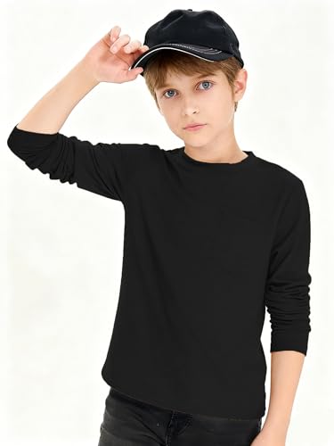 Image of Boys Long Sleeve Shirt Crewneck Solid Color Casual Top with Chest Pocket for Kids 5-14 Years