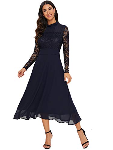 Milumia Women's Vintage Floral Lace Long Sleeve Ruched Neck Flowy Long Dress Navy