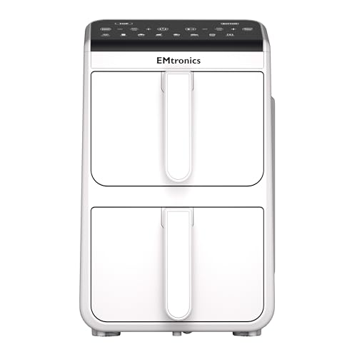 EMtronics 10L Stack Air Fryer with Dual Zone 2460W Family Size, 8 Preset Cooking Mode, Match Cook & Smart Finish Functions, 10 Litre - White