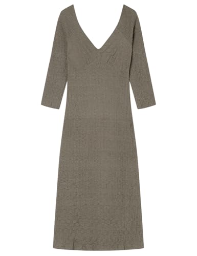 Springfield Midi Dress with Deep V Neck and Soft Gathering Under Chest Vestido con Escote En V, Caqui, S para Mujer