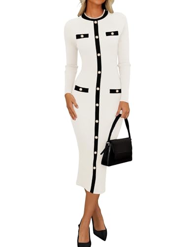 ZESICA Women's Ribbed Crewneck Sweater Dress 2024 Fall Winter Long Sleeve Button Color Block Knit Midi Dresses