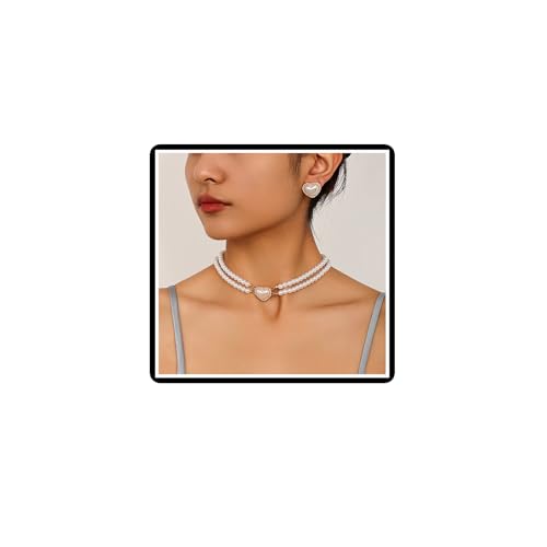 Dishowme Kristall Herz Halskette Ohrringe Sets 3Pcs Vintage Perlen Kragen Halskette Layered Strass Liebe Herz Perlen Schmuck Sets für Damen Frauen