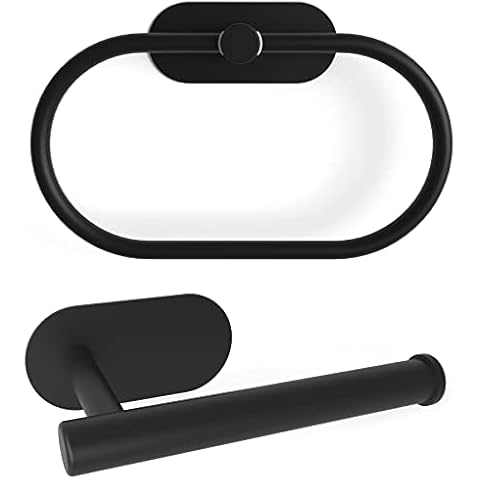 Metal Black Toilet Paper Holder Hand Towel Holder Towel Ring, 2 Pieces Bathroom Hardware Accessories Set, Stainless Steel Sturdy Wall Mount Toilet Paper Roll Holder and Towel Rack Cover