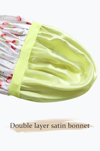 Vettres Floral Satin Bonnet For Sleeping Women Double Layer Pleated Design Adjustable Shower Cap For Curly Hair Strawberries — view 3