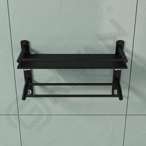 Image of GRIVAN Stainless Steel Bathroom Shelf Rack Stand with Dual Towel Rod | Multipurpose Bathroom Accessories Set (Black Matte)
