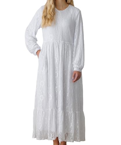 Women's White Front Zip Temple Dress | Easy Care| Floral Lace | Side Pockets | Full-Length | High Waist