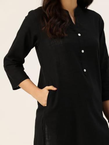 Image of feranoid Women's Plain Cotton Kurta with Mandarin Collar, 3 /4 Sleeves & Pocket