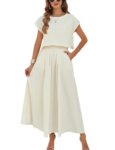 Image of HangNiFang Summer Skirt Sets Women 2 Piece Outfits Cap Sleeve Top Elastic Waist Maxi Dress Sets with Pockets