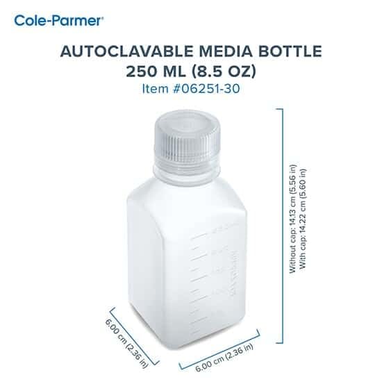 Cole-Parmer Autoclavable Media Bottles, Square Plastic, PPCO, 250 mL (8.5 oz); 12/Pk