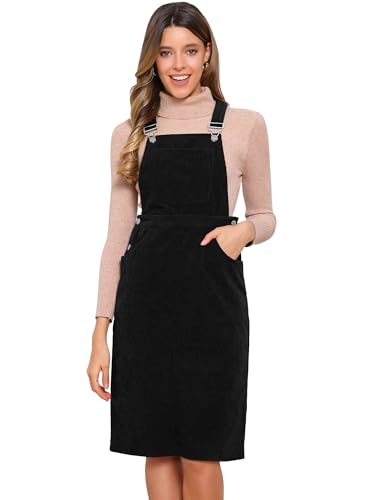 Allegra K Damen Cord Overall Kleid Verstellbare Träger Ärmellos Quadratischer Ausschnitt Midikleid mit Taschen Schwarz M