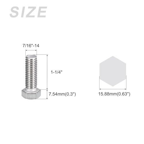 Image of METALLIXITY Hex Head Bolts (7 /16-14 x 1-1 /4 inch) 10Pcs, 304 Stainless Steel 18-8, Fully Threaded, External Hex Drive, Plain Finish, Hex Head Screw Bolt, Silver