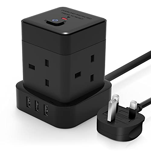 Cube Extension Lead 5M Black Baykul 4 Way Extension Plug Cable with 3 USB Ports (5V/2.4A) Power Strip Multi Plug Extension Cord for Home Office Travel Dorm Room