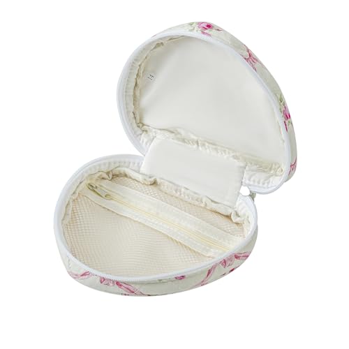 JOVAKIT Quilted Heart Shaped Makeup Bag Cosmetic Bag for Women with Handle, Floral Coquette Cotton Travel Makeup Case Toiletry Zipper Make Up Pouch, Travel Storage Organizer Stuff (Pink Bowknot)2