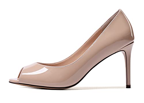 SAMMITOP Women's Peep Toe Pumps 80mm High Heel Shoes Slip On Patent Pumps Formal Shoes2