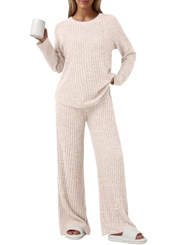 LILLUSORY 2 Piece Lounge Sets for Women Matching Casual Pajamas Fall Fashion 2025 Outfits Long Sleeve Ribbed Knit Sweatsuits