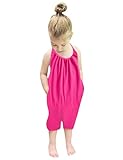 Lindanina 3T 4T Girl Clothes Toddler Romper Jumpsuits Summer Outfit Cute Hot Pink Kids Backless Halter Sleeveless One Piece Overalls Party with Pockets