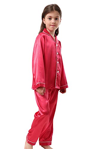 Image of Pajamas Kid Unisex Pjs Set Girls Boys Silk Pajamas Set Satin Long Sleeve 2 Piece Clasic Sleepwear for 2-12 Years Todder