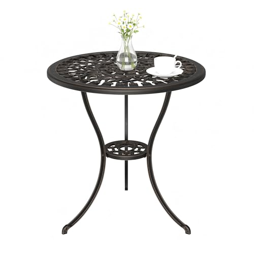 IDEALHOUSE Patio 23''Cast Aluminum Side Table with Umbrella Hole,Outdoor Small Coffee Tables,Anti-Rust Bistro Table,Round End Table,Outdoor Furniture for Indoor,Patio,Garden,Porch,Balcony(Bronze)