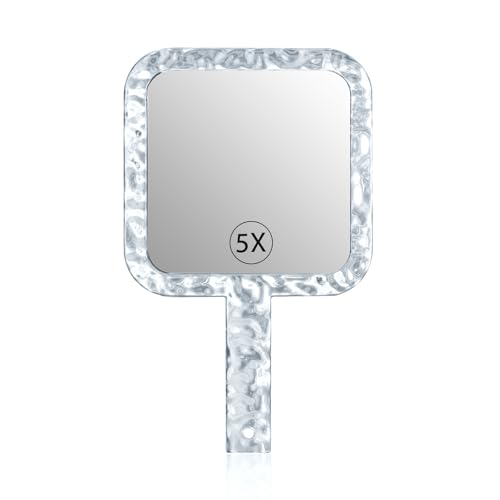 YEAKE Hand Mirror,Double-Sided Handheld 1X/5X Magnifying Mirror with Handle for Makeup, Shaving Mirror with Hole Hanging,Acrylic, 6.1
