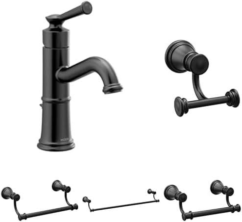 Moen Belfield Matte Black Bathroom Set - One-Handle Sink Faucet with Drain, Double Robe Hook, Pivoting Toilet Paper Holder, Towel Bar, and 9-Inch Hand Towel Bar