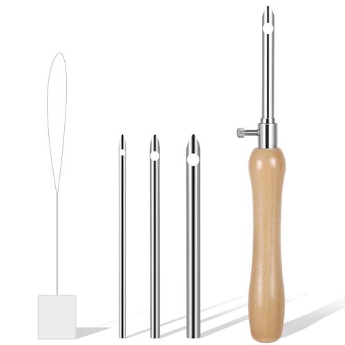 5 Pcs Embroidery Punch Needle Adjustable Punch Needle Tool Set with Wooden Handle & Stainless Steel Needles Embroidery Punches Needles for DIY Craft Stitching