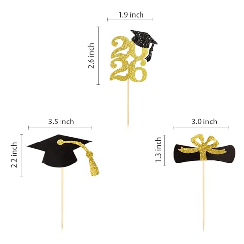 Image of 2026 Gold Glitter Graduation Cupcake Topper | Food /Appetizer Picks Class of 2026 Graduation Party Supplies(24pcs)