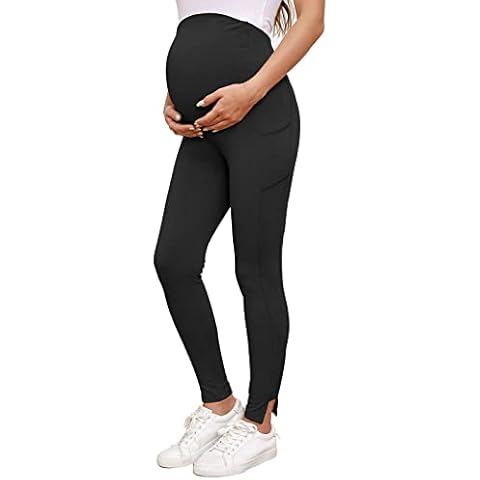 Liu & Qu Women’s Maternity Leggings Over The Belly, Pregnancy Pants with Pockets for Yoga/Home/Daily Wear, Black, Medium Cover