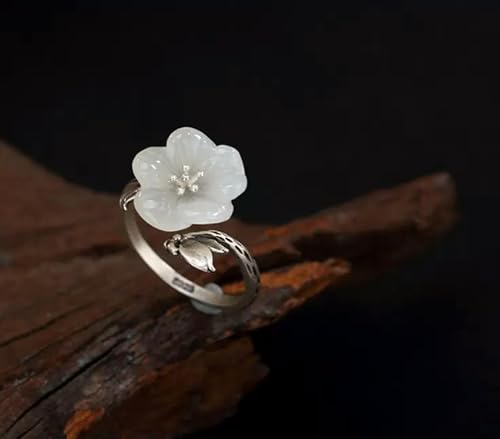 Bague jade blanc Hetian style bohème chic argent fleur de prunier réglable - 2
