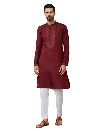 Image of See Designs Men's Long Sleeve Mandarin Collar Side Slit Cream Embroidered Chanderi Silk Straight Kurta with Pyjama