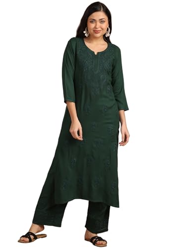 Image of Lucknowi Chikankari Floral motifs Embroidered Liva Green Straight Kurta with Palazzo For Women