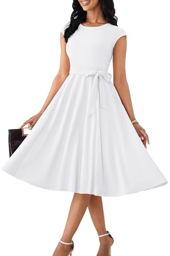 Nmoder Cocktail Summer Elegant Fit and Flare Dresses for Women Vintage Tea Party Cap Sleeve Dresses with Belt & Pockets White L