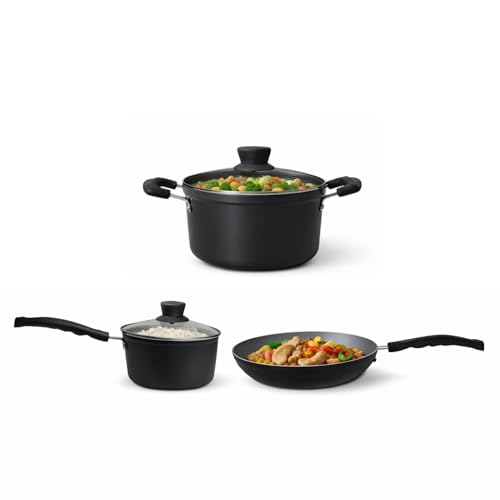 Image of Get Plumm Non-Stick Ceramic Cookware Set of 5 | Cooking Pot, Sauce Pot & Kadhai, Fry Pan, Sauce Pan | 24-20-16cm |Induction & Gas Compatible | Black