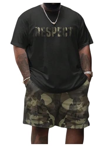WDIRARA Men's Big and Tall 2 Piece Outfits Letter Camo Print Short Sleeve Tracksuit Track Shorts Set