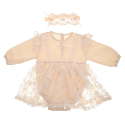 Totority Newborn Dress Baby Girl Baptism Outfit Soft Cotton Lace Jumpsuit Long Sleeve Headband Infants Fall Outfit