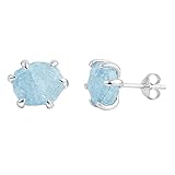 Raw Aquamarine Stud Earrings 925 Sterling Silver – 8mm Natural Gemstone Studs, March Birthstone Earrings for Women, Handcrafted Blue Stone Earrings (Aquamarine)