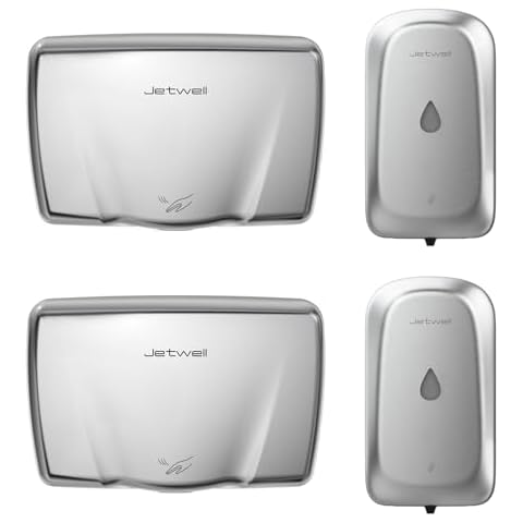 JETWELL 2Pack Compact Commercial Hand Dryer for Bathroom and Wall Mount Automatic Touch-Less Hand Soap Dispenser- Stainless Steel Automatic Hand Dryer and Stainless Steel Wall Mount Soap Dispenser Cover