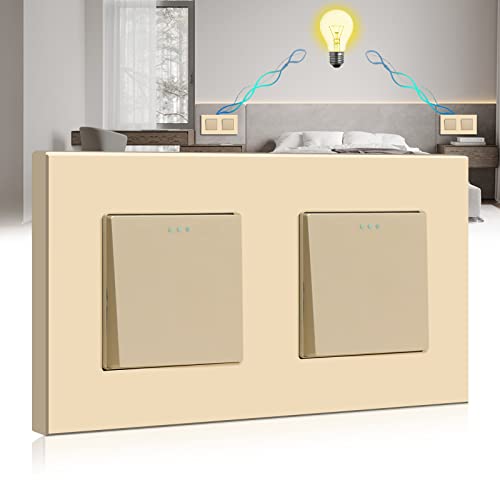 BSEED Interruptor de Pared, Interruptor de luz palanca con Panel de Plastico, Doble 1 Gang 2 Vias, Oro