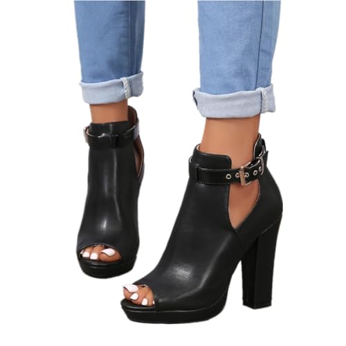 NIGXWNS Women's Open Peep Toe Booties Summer Cutout Heels Ankle Strap Buckle Heeled Shoes Chunky Block Heel Dressy Sandals