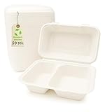 Greenkaufen Bio (50 stück) Bagasse stabil Einweg Warmhalte- Menüboxen 2 geteilt, Klappbox, Snackboxen IP10, 23x15x8cm 900 ml weiß umweltfreundiche menubox Verpackungsboxen