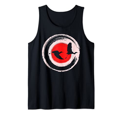 Japanese Art Enso Circle Flying Cranes Ukiyo-e Woodblock Zen Tank Top, Black