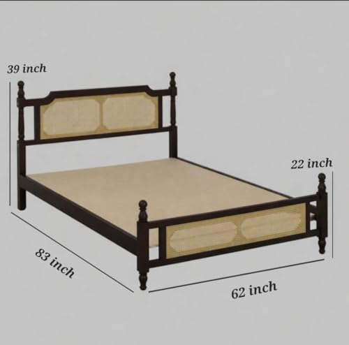 Image of Janghu Furniturewala Solid Sheesham Wood Classic Colonial Bed with Dual Cane Jali Work | Handcrafted Wooden Double Bed with Rattan Headboard & Footboard | Walnut Finish (Queen)