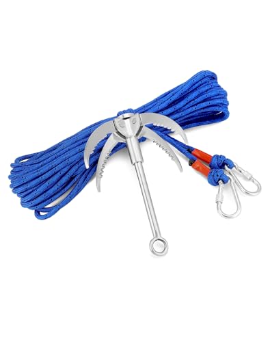 QWORK Large Grappling Hook with 65ft Rope, Stainless Steel 4-Claw Multi-Purpose Folding Saw-Tooth Grapple Hooks