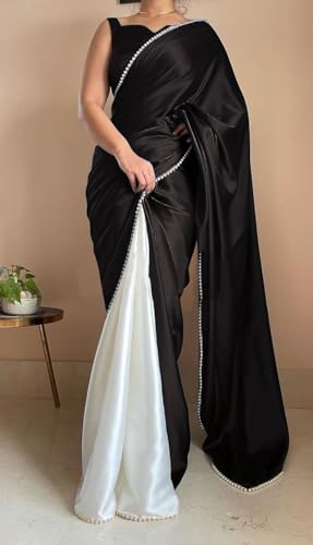 BRAHMSHAKTI Womens Satin Half Half Collection Saree With Blouse Piece