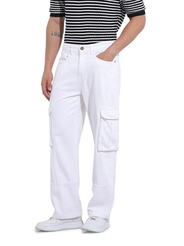 Image of The Indian Garage Co Men Relaxed Fit Solid Mid-Rise Cargo Denim