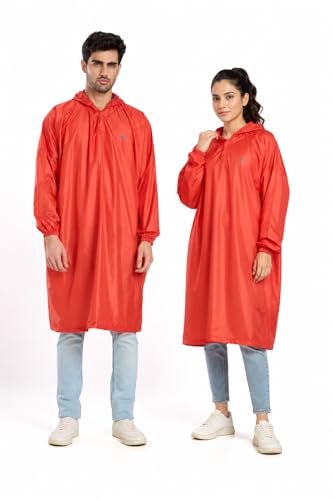 Image of Zeel Unisex Outdoor Rain Poncho for Adult, Waterproof, Lightweight & Packable, Polyester Pullover Full Sleeves Hooded Rainwear, Raincoat for Camping, Hiking, Travelling (AZ33, Free Size) (Red)
