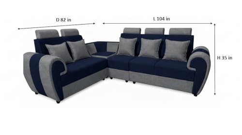 Image of APRODZ Wooden Sofa Set 6 Seater for Living Room, Solid Wood L Shape Sectional Sofa with Velvet Fabric Upholstery, Cushioned Seating for Home, Office & Lounge, Blue & Light Grey
