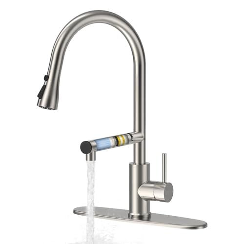 Comparison: Best Kitchen Faucet For Hard Water 10 FEELSO Kitchen Faucets, Upgraded Filter Water Kitchen Faucet with Pull Down Sprayer, Brushed Nickel Stainless Steel High Arc 1 Or 3 Hole Kitchen Sink Faucet for Remove Chorine, Harmful Substances